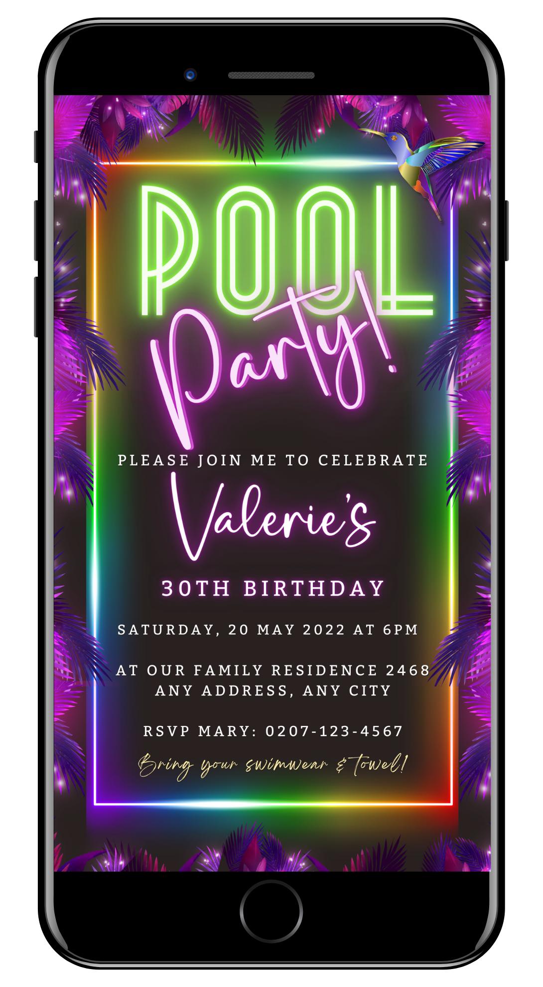 Tropical Neon Pool Party Digital Invite displayed on a smartphone screen, showcasing customizable neon-themed invitation for events, editable via Canva for easy electronic sharing.