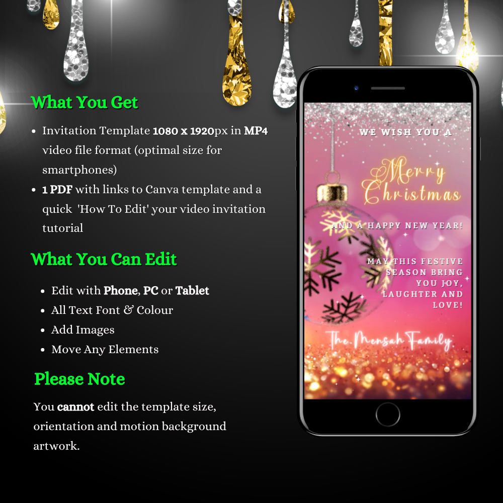 Cell phone displaying a customizable Fuchsia Gold Ball Glitter Christmas Video Ecard template.