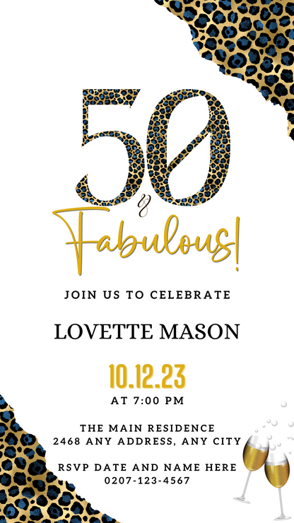 Customizable Digital Blue Gold Leopard | 50 & Fabulous Party Evite, featuring black text and leopard print, editable via Canva for personalized event invitations.