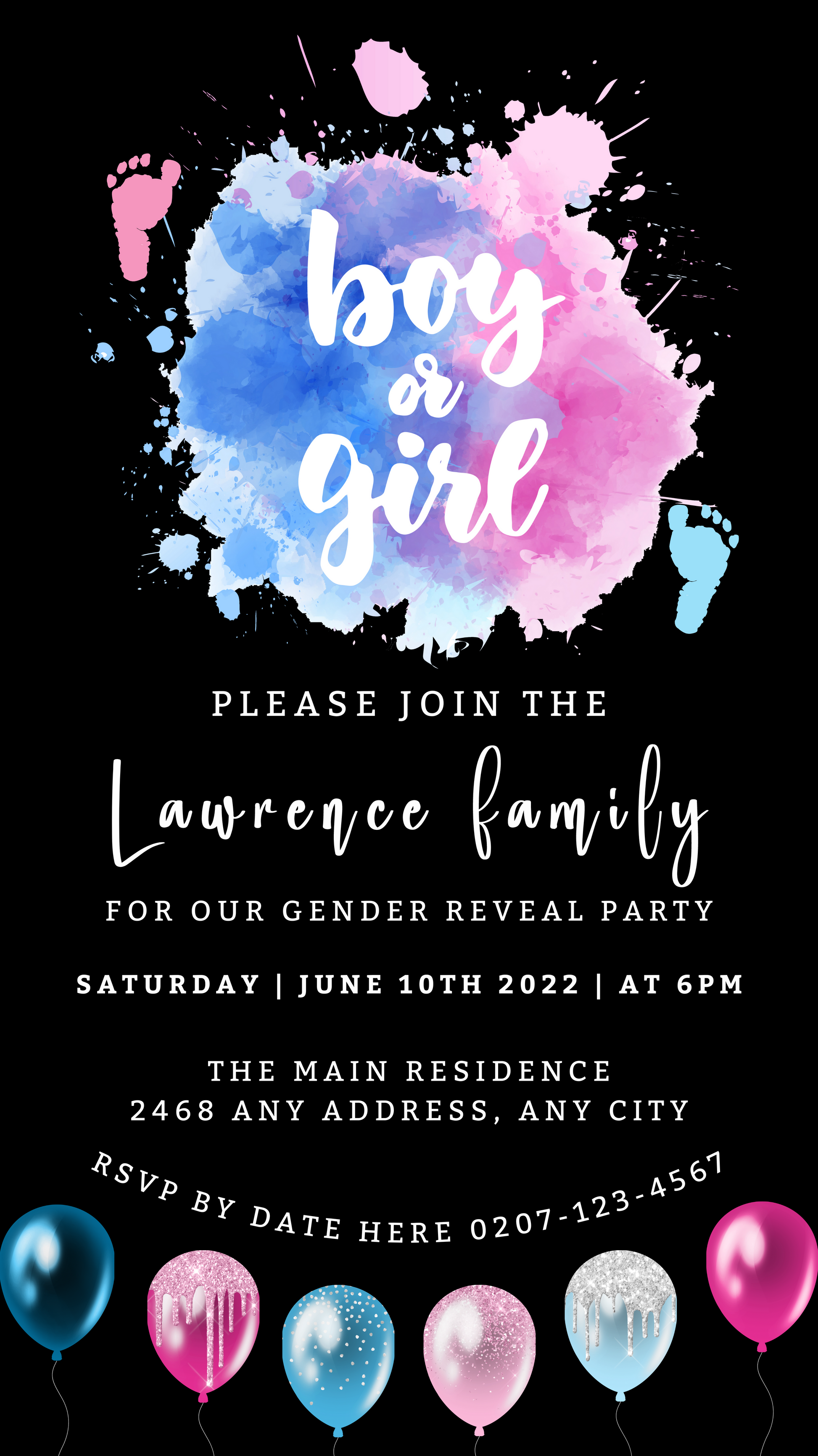 Customizable digital gender reveal invitation with blue and pink paint splashes, featuring editable text for a personalized event announcement.