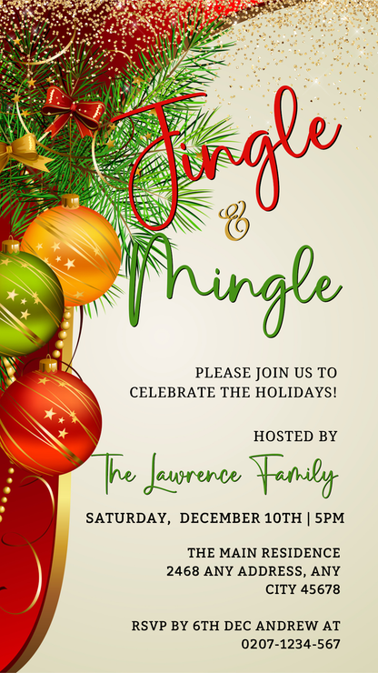 Colourful Jingle & Mingle Christmas Party Evite with ornaments, pine branches, and editable text for personalizing via Canva on smartphones.