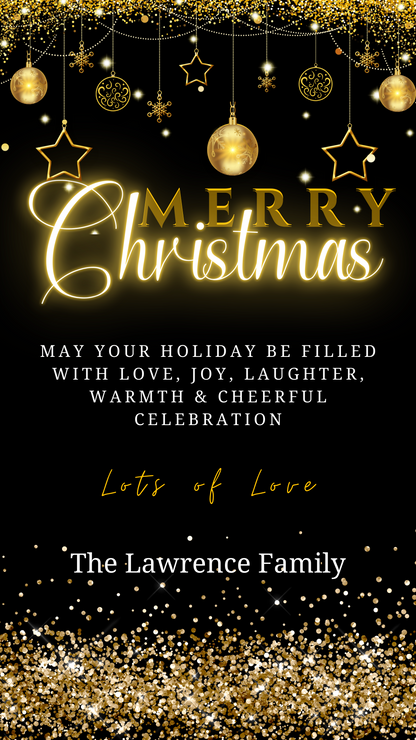 Black Gold Ornaments Glitter Merry Christmas Ecard with editable text and gold holiday-themed decorations, customizable via Canva for digital sharing.