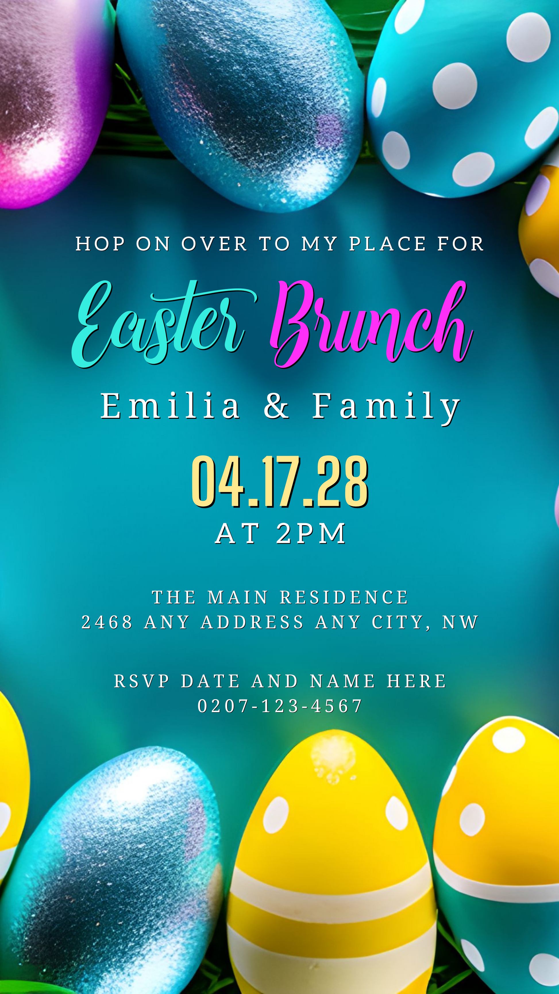 Colourful Teal Easter Eggs Evite template displayed on a blue background, ideal for Easter Brunch Party invitations, editable via Canva on smartphones.