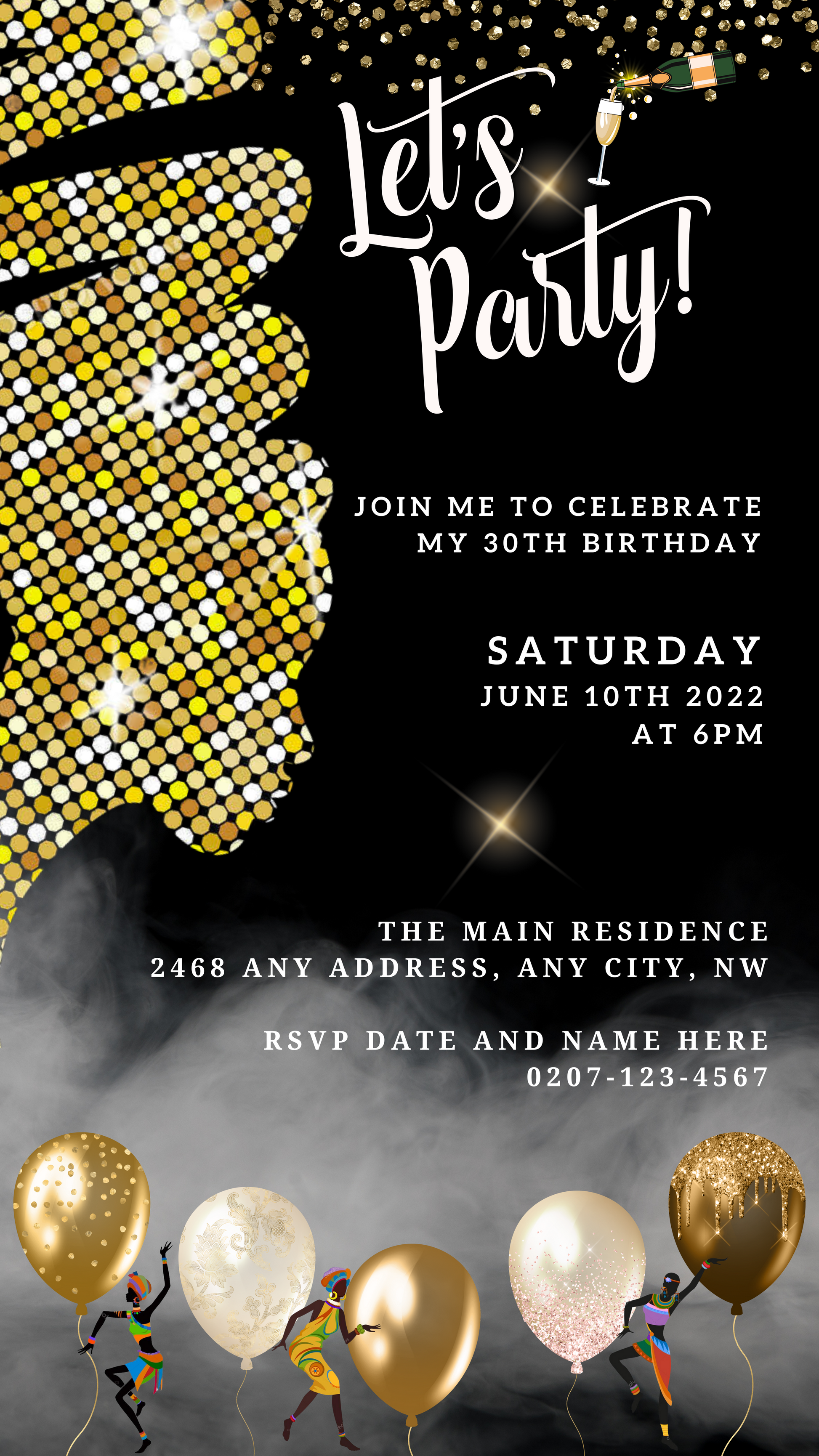 Gold Glitter African Woman Silhouette | Editable Party Evite, featuring a black and gold invitation template with a woman's head silhouette and gold glitter accents.