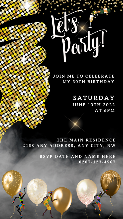 Gold Glitter African Woman Silhouette | Editable Party Evite, featuring a black and gold invitation template with a woman's head silhouette and gold glitter accents.