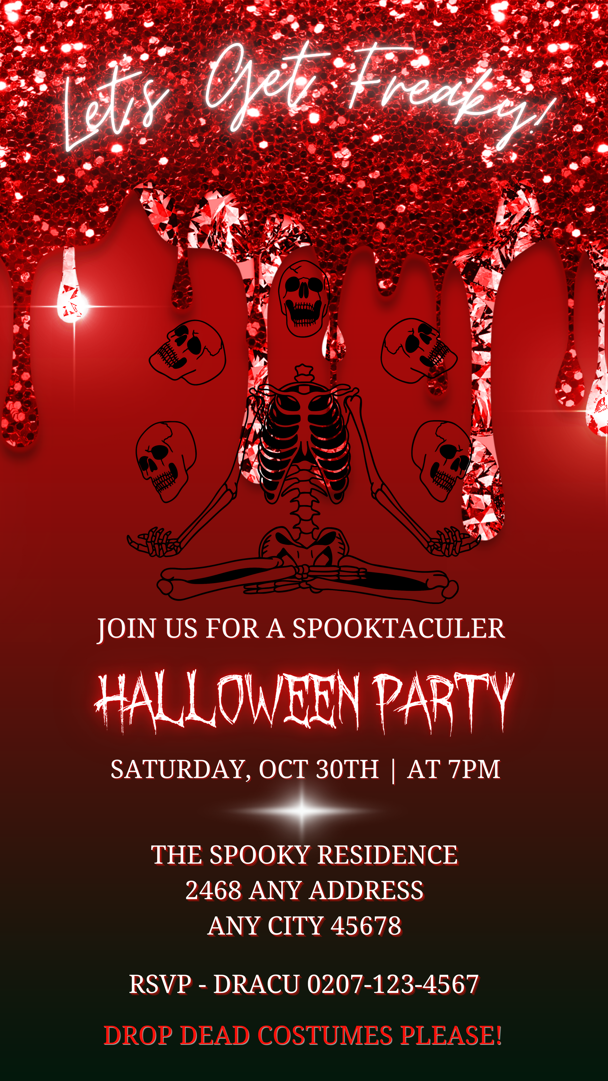 Red Dripping Skeleton Joggling Skulls | Halloween Evite showing a skeleton with multiple skulls and blood dripping, customizable via Canva.