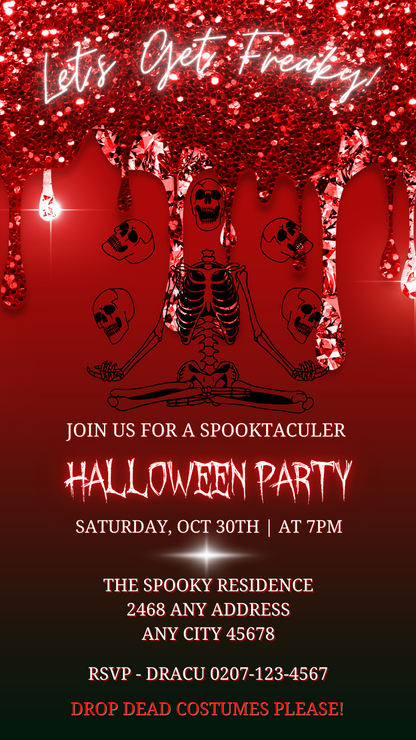 Red Dripping Skeleton Joggling Skulls | Halloween Evite showing a skeleton with multiple skulls and blood dripping, customizable via Canva.