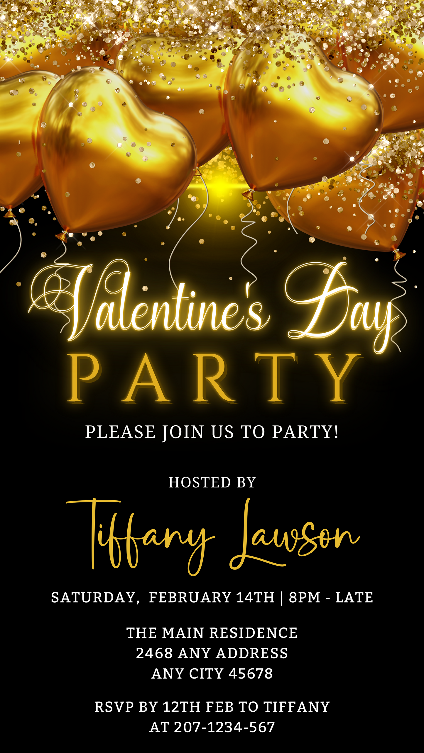 Neon Golden Heart Balloons | Valentines Party Evite, featuring customizable text and glittery gold heart designs, editable via Canva for digital invitations.