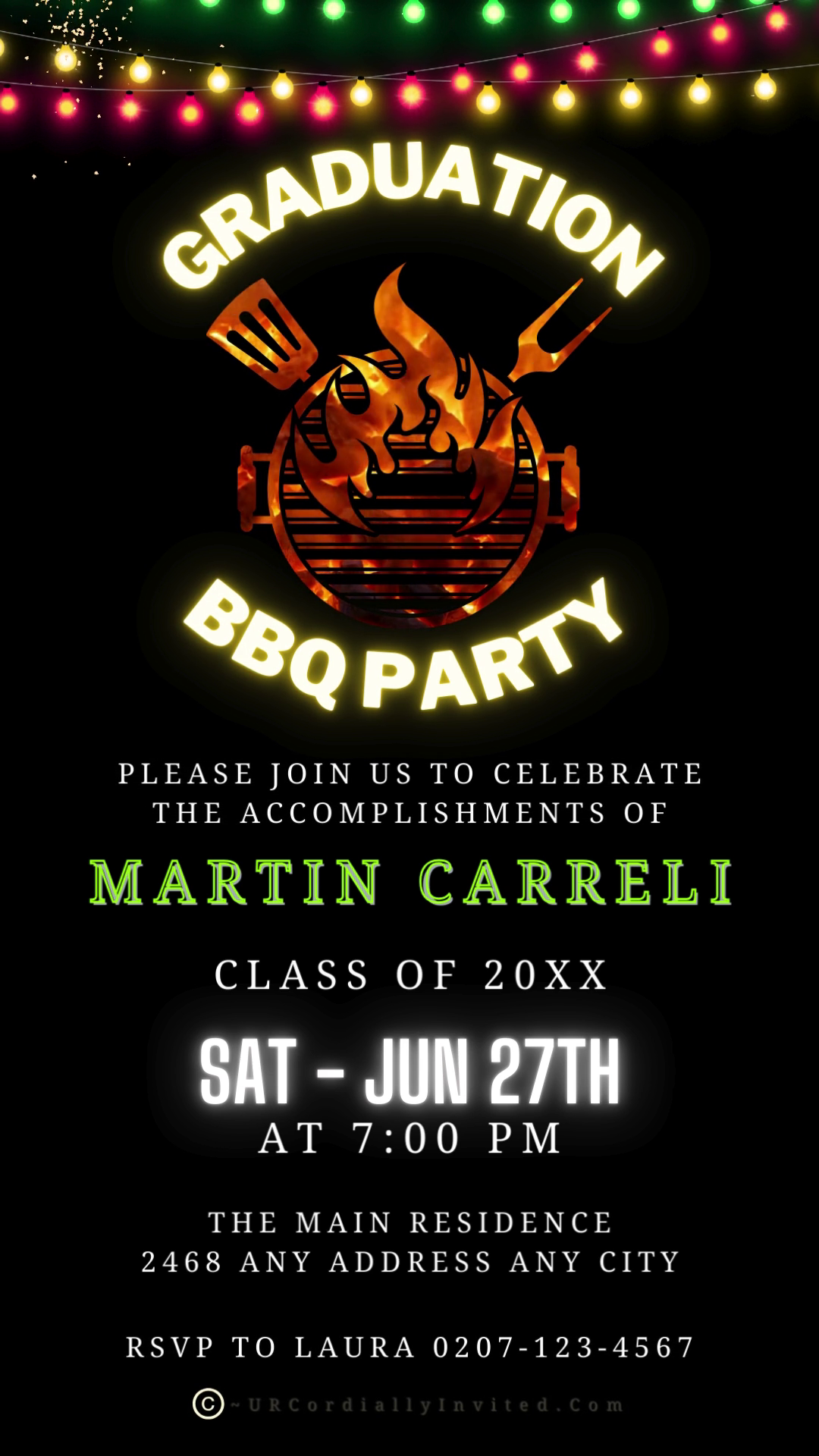 BBQ Grill Backyard Party | Graduation Video Invitation featuring customizable text, a barbecue grill logo, and a spatula icon. Ideal for digital sharing via smartphone.