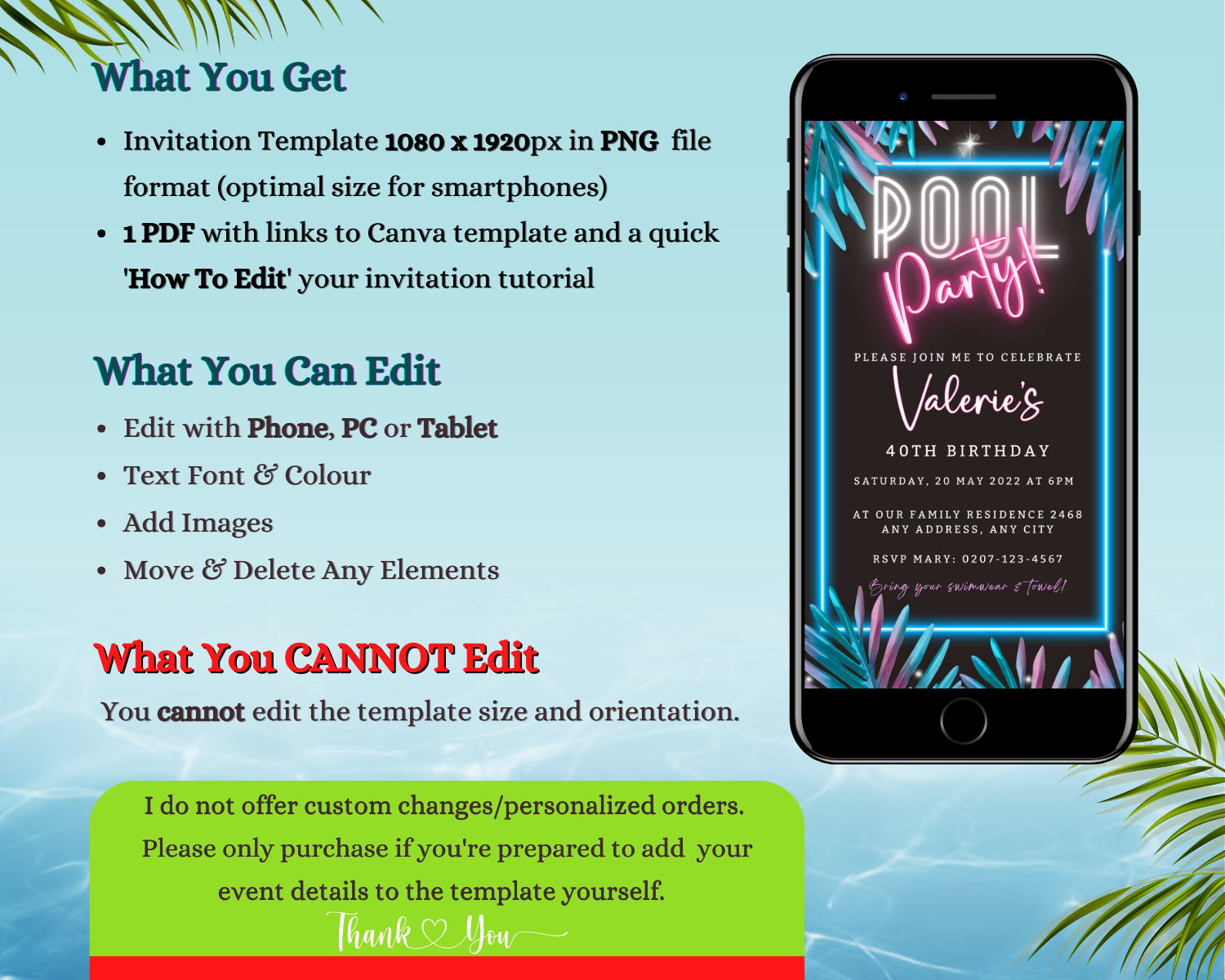 Digital BBQ Swim Pool Party Invite on a smartphone screen, customizable using Canva, ideal for electronic sharing via text, email, or messenger apps.