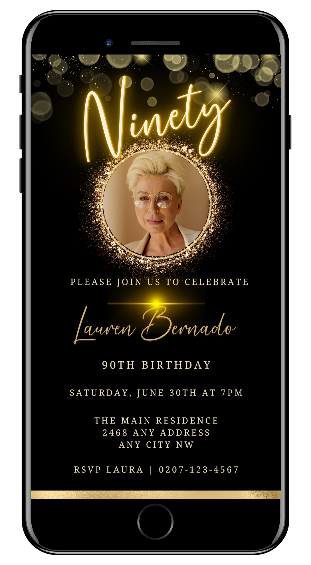 A smartphone displaying a customizable 90th Birthday Evite with a woman's photo in an oval frame.