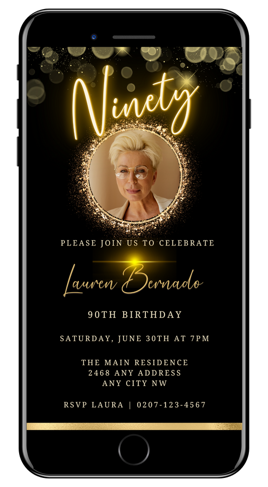 A smartphone displaying a customizable 90th Birthday Evite with a woman's photo in an oval frame.