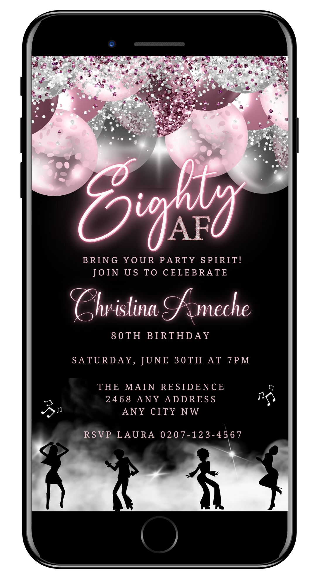 Customizable digital invitation template featuring pink balloons and silhouettes, perfect for an 80s-themed birthday. Editable via Canva, suitable for smartphones.