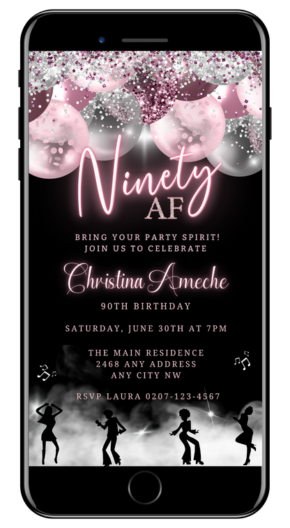 Customizable digital birthday evite featuring silhouettes and balloons, designed for smartphones. Personalize with Canva for easy sharing via text, email, and social media.