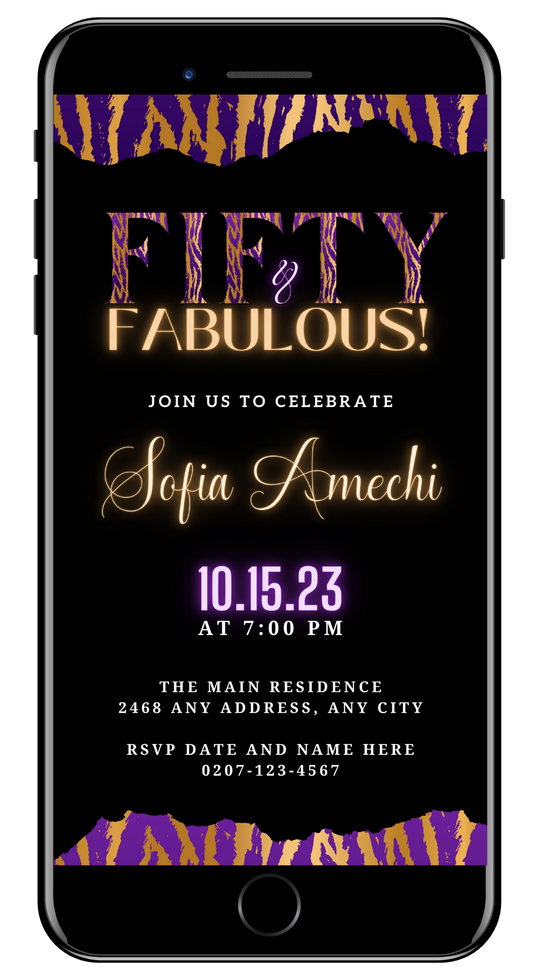 Neon Gold Purple Tiger | Fifty & Fabulous Party Evite showing customizable text on a black background for a digital invitation template.