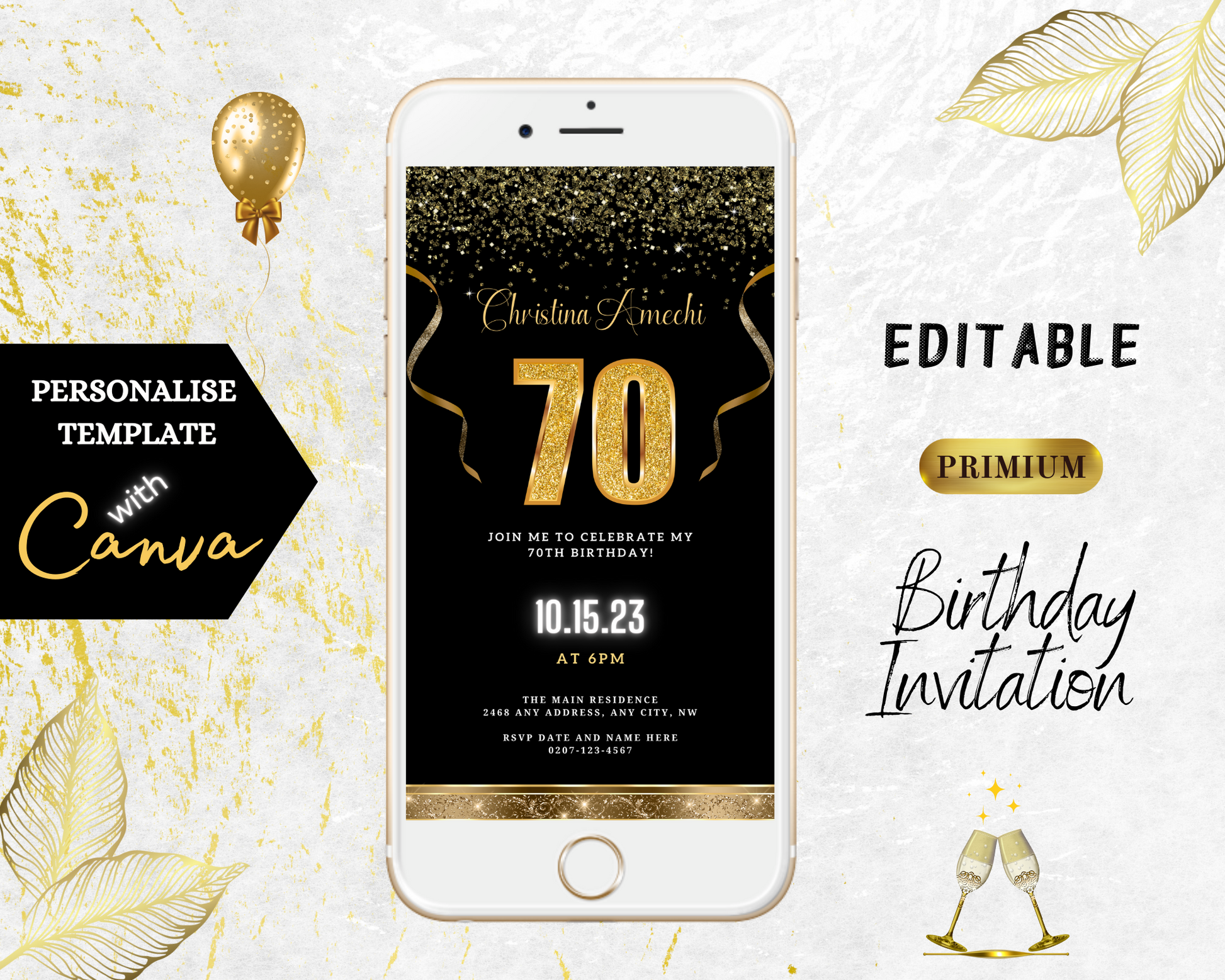 Black Gold Confetti 70th Birthday Evite displayed on a smartphone screen. Customizable and downloadable, perfect for electronic invitations via text, email, or messaging apps.