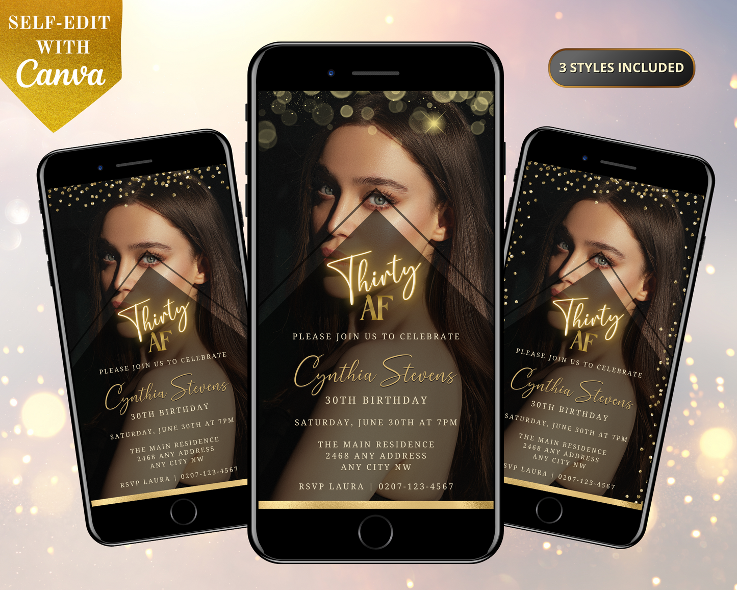 Customizable digital birthday invitation, Photo Background Gold | 30AF Birthday Evite, displayed on multiple smartphones with a woman's face on the screens.