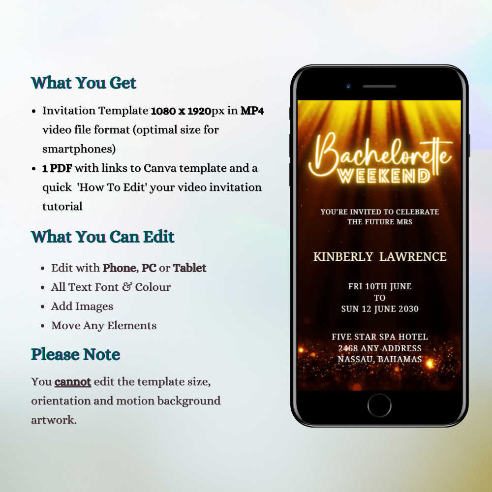 Gold Glitter Disco Bachelorette Video Invitation displayed on a smartphone screen, showing customizable text elements and digital format for easy personalisation.