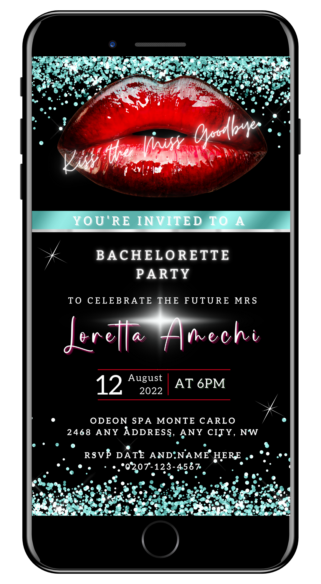 Red Hot Lips Teal Glitter Bachelorette Party Evite displayed on a smartphone screen, showing customizable invitation template with red lips graphic and editable text areas.
