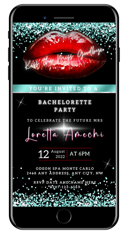 Red Hot Lips Teal Glitter Bachelorette Party Evite displayed on a smartphone screen, showing customizable invitation template with red lips graphic and editable text areas.