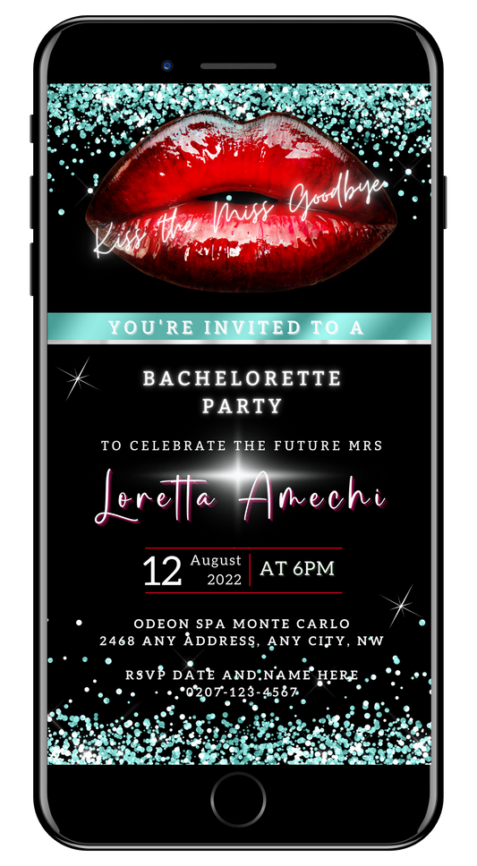 Red Hot Lips Teal Glitter Bachelorette Party Evite displayed on a smartphone screen, showing customizable invitation template with red lips graphic and editable text areas.