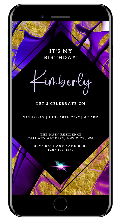 Editable Purple Gold Ankara Birthday Evite. Black and purple digital invitation template for events, customizable via Canva on PC, tablet, or mobile device.