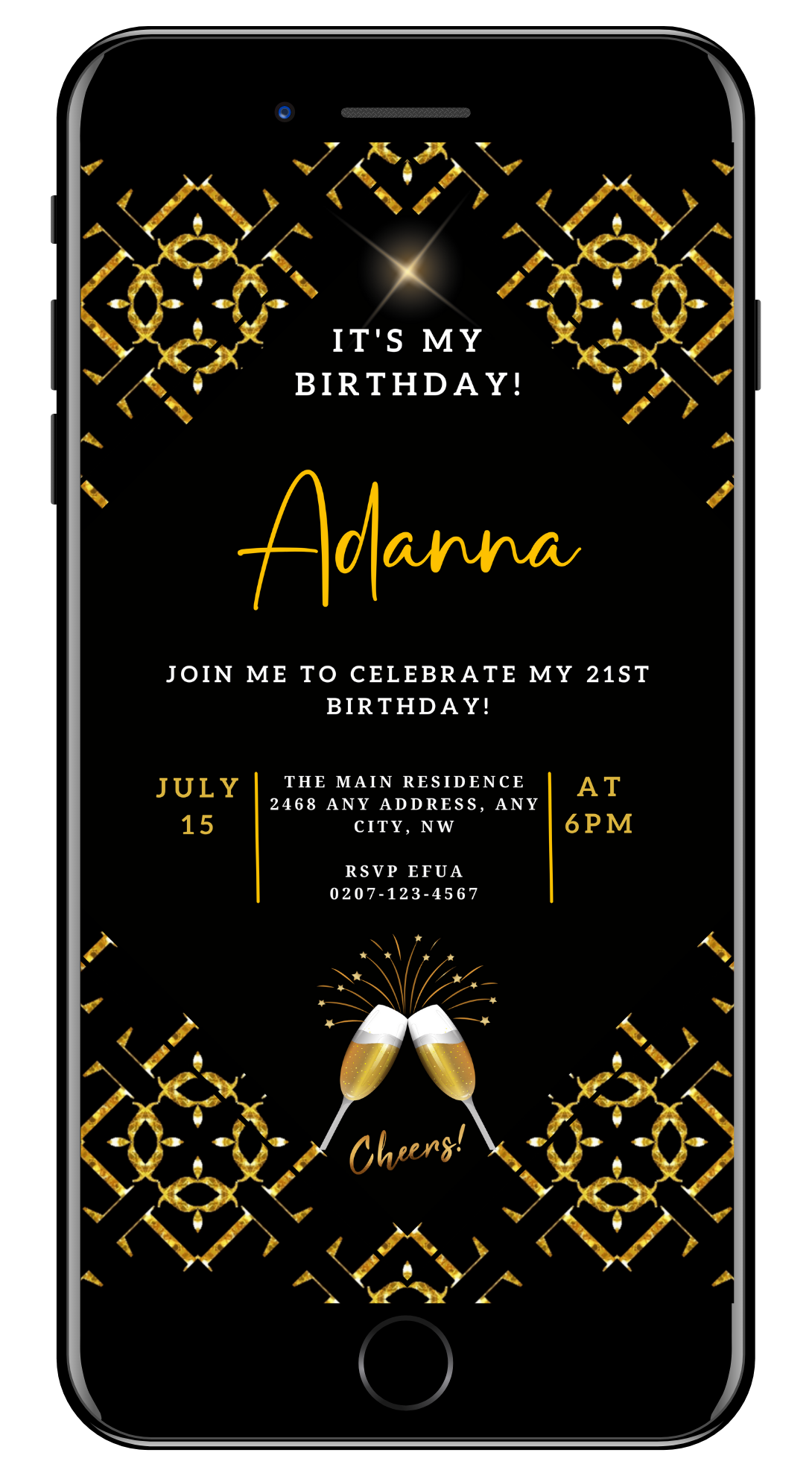 African Gold Black Sparkle customisable birthday evite featuring gold text, champagne glasses, and fireworks, editable via Canva for digital sharing.