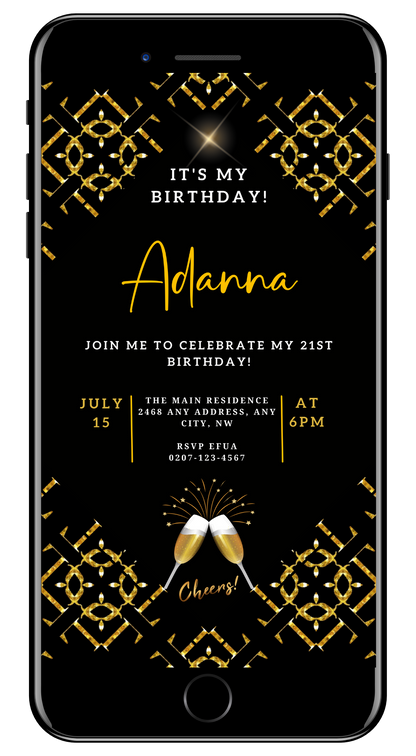 African Gold Black Sparkle customisable birthday evite featuring gold text, champagne glasses, and fireworks, editable via Canva for digital sharing.