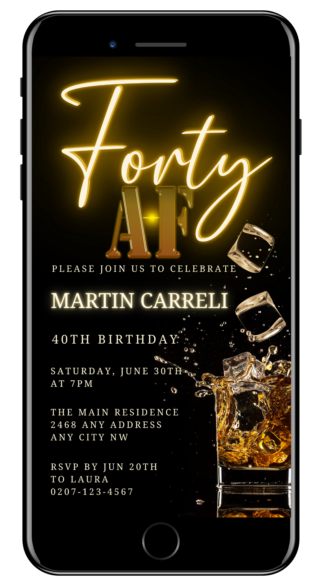 Customizable Digital Black Gold Neon Cube Splash | 40AF Birthday Evite displayed on a smartphone screen, showing editable text and graphics for a personalized digital invitation.
