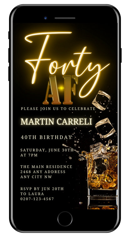 Customizable Digital Black Gold Neon Cube Splash | 40AF Birthday Evite displayed on a smartphone screen, showing editable text and graphics for a personalized digital invitation.