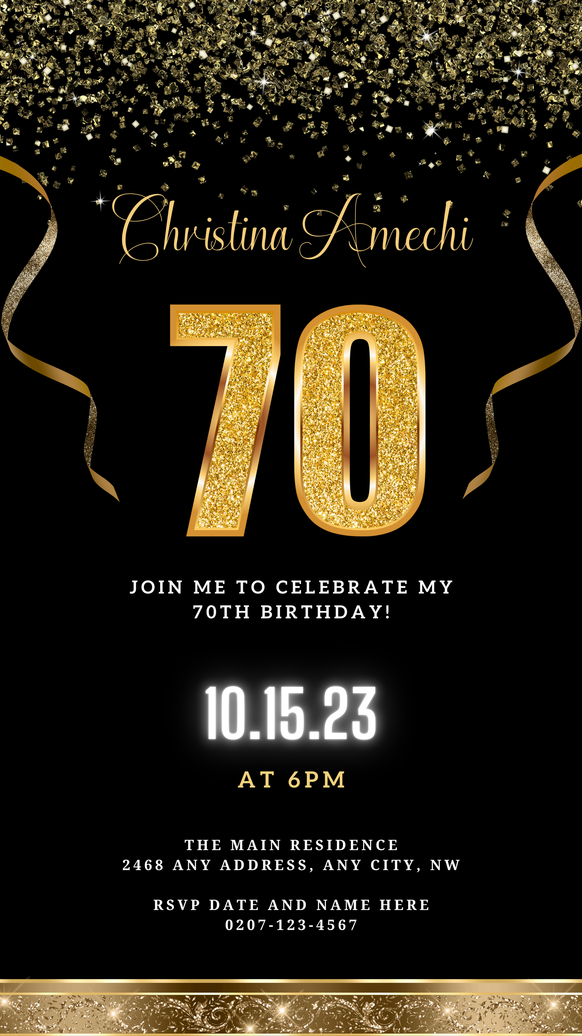 Black Gold Confetti 70th Birthday Evite: Customizable digital invitation with gold text and ribbons, designed for easy personalization via Canva. Perfect for sharing electronically.