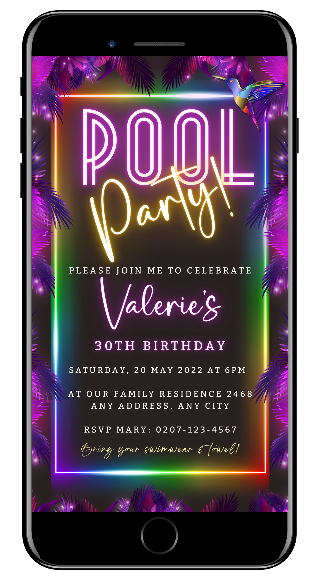 Tropical Neon Pool Party digital invite displayed on a smartphone screen, featuring customizable neon text and palm leaves design. Perfect for electronic sharing via various messaging apps.