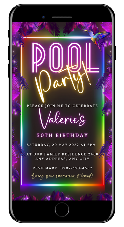 Tropical Neon Pool Party digital invite displayed on a smartphone screen, featuring customizable neon text and palm leaves design. Perfect for electronic sharing via various messaging apps.