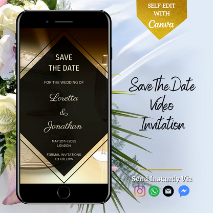 Champagne Cake Themed Save The Date Video Invitation displayed on a smartphone with a floral background.