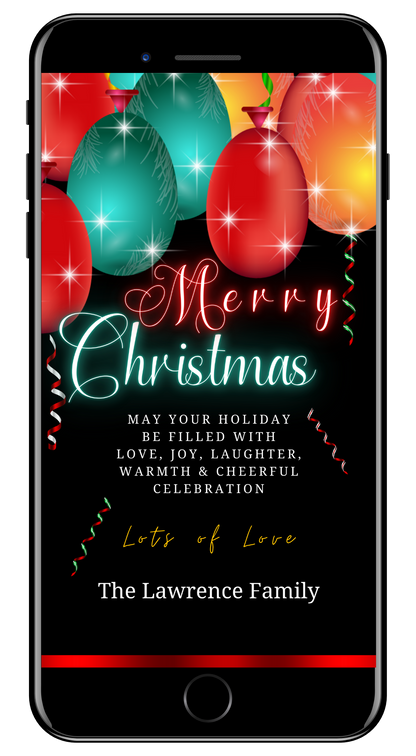 Neon Red Teal Balloons Sparkle Merry Christmas Greeting Ecard displayed on a smartphone screen, featuring customizable text and festive design elements.