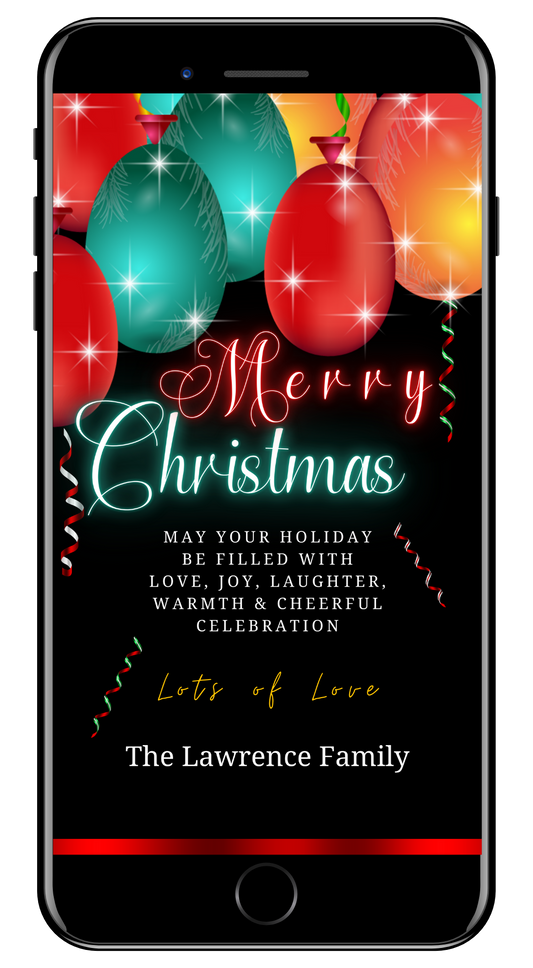 Neon Red Teal Balloons Sparkle Merry Christmas Greeting Ecard displayed on a smartphone screen, featuring customizable text and festive design elements.