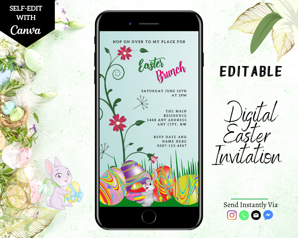Cute Bunny & Colourful Easter Eggs smartphone invitation template for Easter Brunch Party, editable via Canva for personalization and digital sharing.