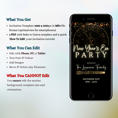 Countdown Clock New Year’s Eve Party Animated Invitation displayed on a smartphone screen, featuring editable text and clock elements for customization via Canva.