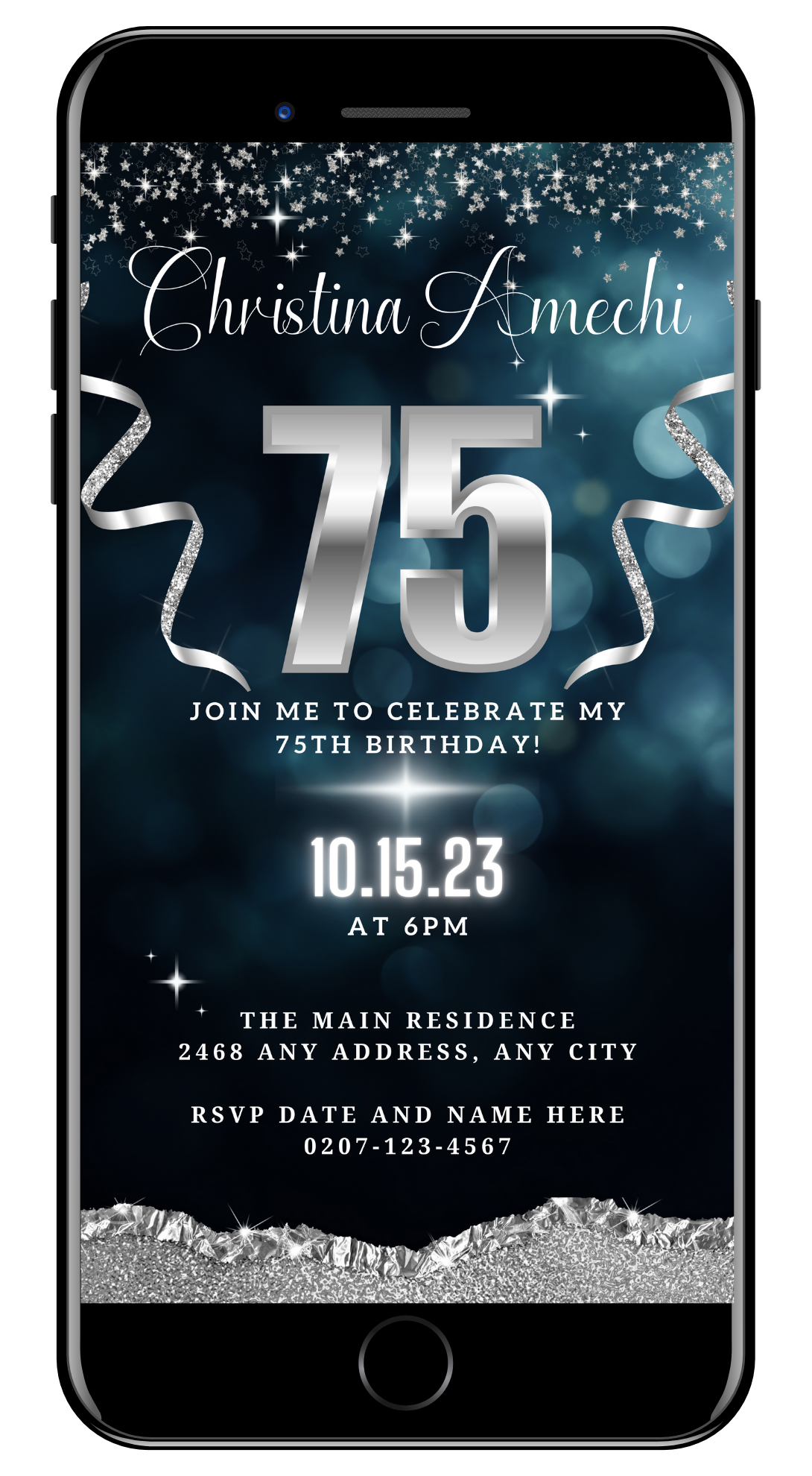 Customizable Navy Blue Silver Glitter 75th Birthday Evite displayed on a smartphone screen, featuring editable text and decorative elements for a personalized invitation.