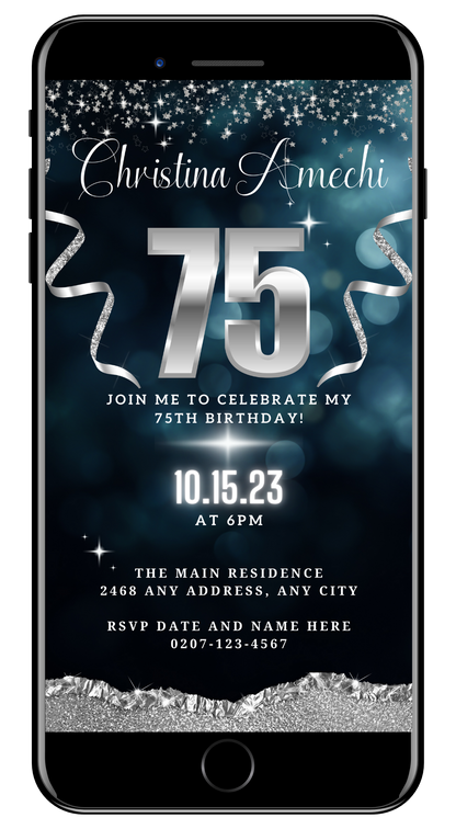 Customizable Navy Blue Silver Glitter 75th Birthday Evite displayed on a smartphone screen, featuring editable text and decorative elements for a personalized invitation.