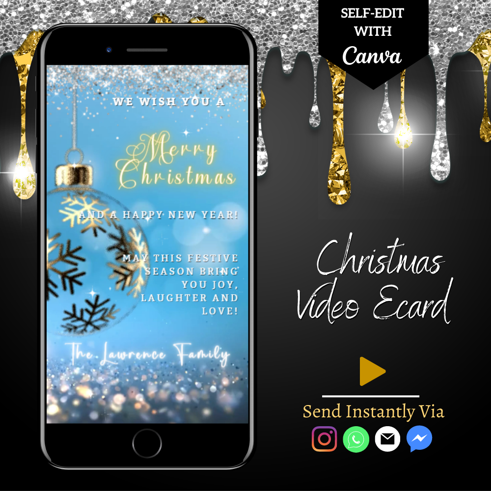 Blue Gold Ball Glitter Christmas Video Ecard displayed on a smartphone screen, showcasing customisable text and design for digital invitations.
