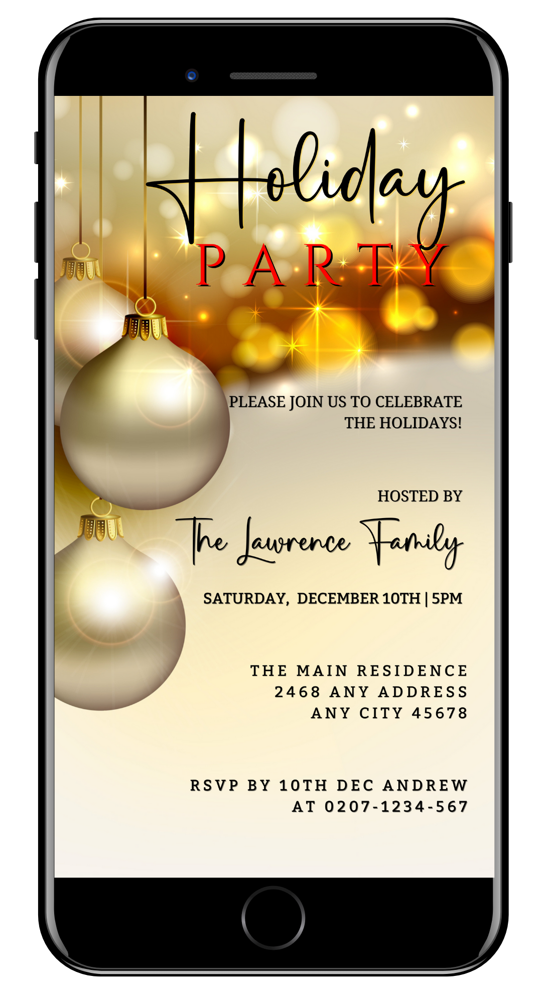Smartphone displaying editable Gold Beige Glitter Ornament Christmas Party Invitation template from URCordiallyInvited, customizable via Canva for electronic sharing.