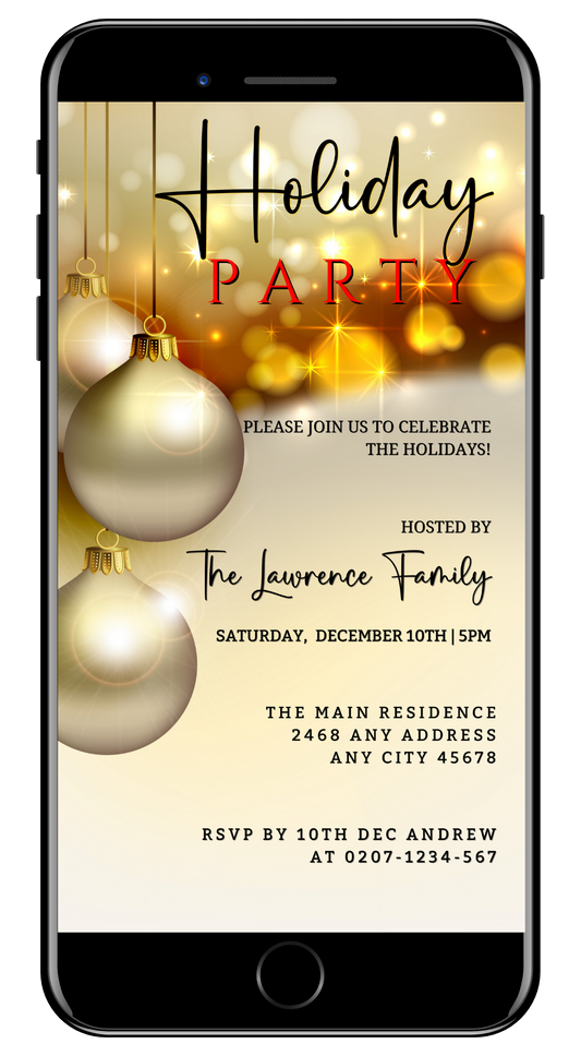 Smartphone displaying editable Gold Beige Glitter Ornament Christmas Party Invitation template from URCordiallyInvited, customizable via Canva for electronic sharing.