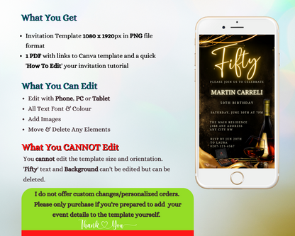 Men's Gold Neon Cigar | 50th Birthday Evite displayed on a smartphone screen, showcasing customizable event details using Canva.