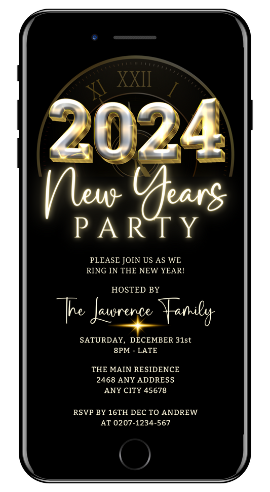 Silver Gold Neon Clock | New Years 2024 Party Evite