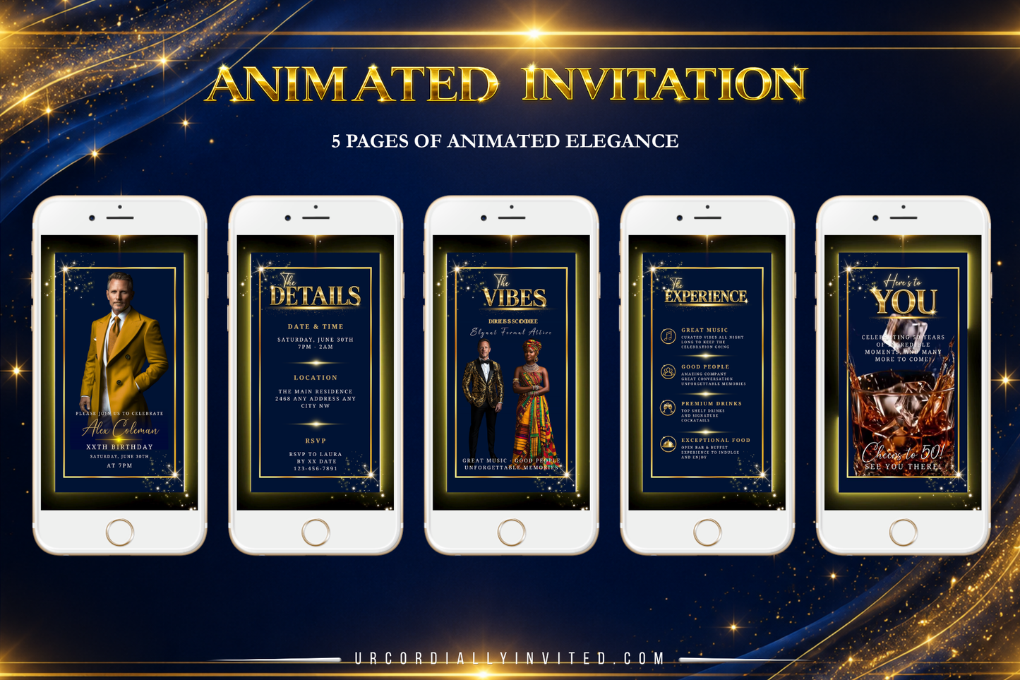 Blue Gold Neon Men’s Animated Birthday Invitation Suite With Photo