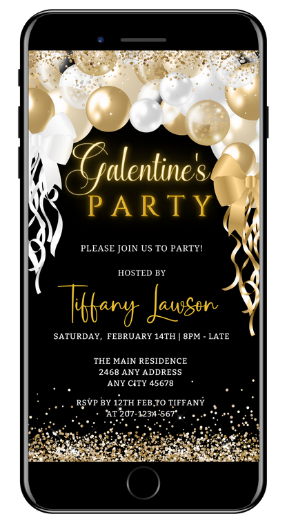 Gold White Balloons Glitter | Galentines Party Evite displayed on a smartphone screen, featuring black and gold design with editable text fields.