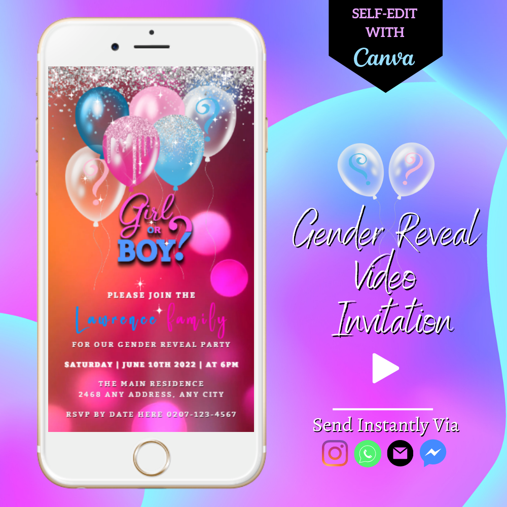 Smartphone displaying Glitter Confetti Balloons Gender Reveal Party Video Invitation template, customizable via Canva for personalizing event details and sharing digitally.