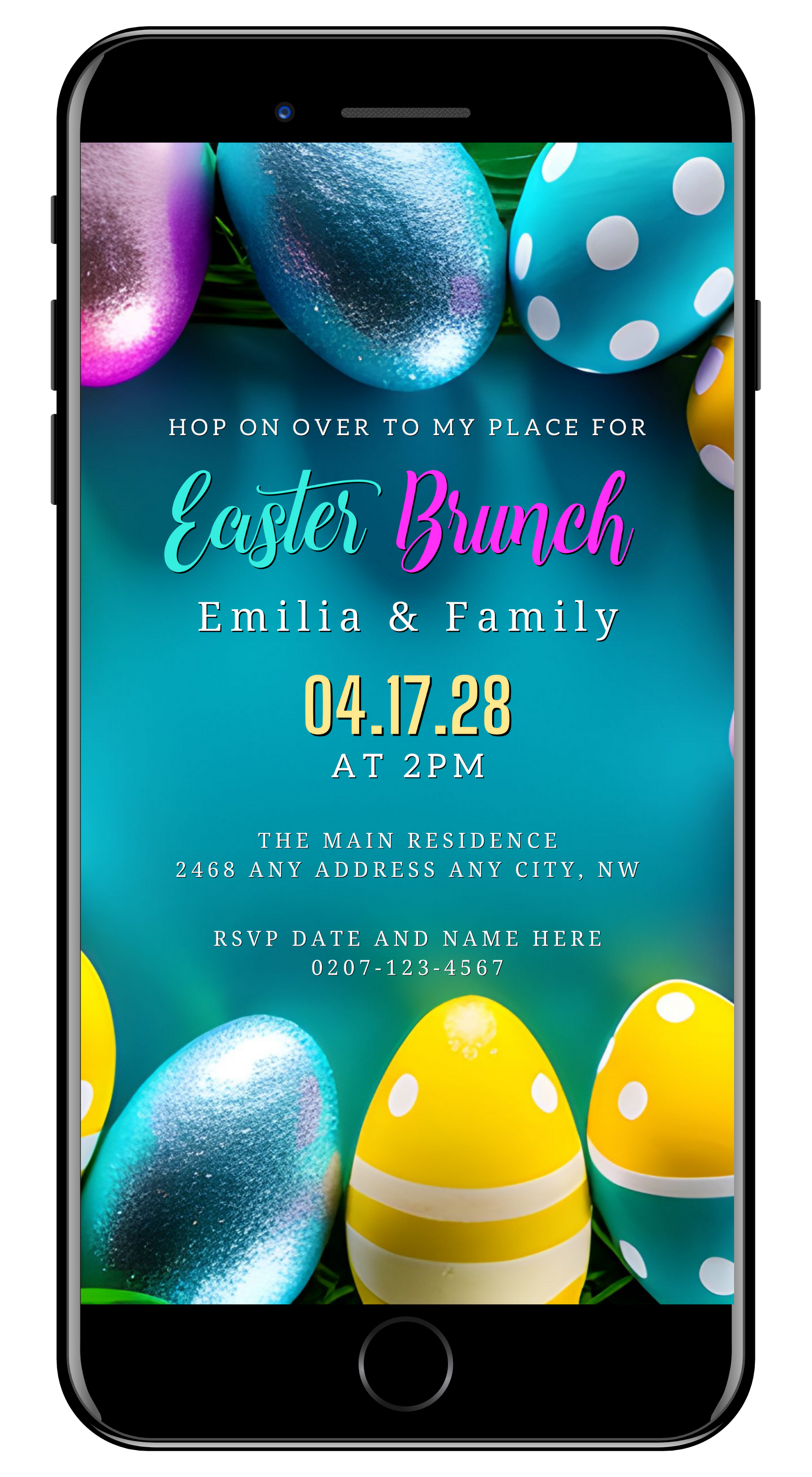 Editable Digital Colourful Teal Easter Eggs Brunch Party Evite displayed on a smartphone screen, showcasing vibrant egg designs and customizable text fields.