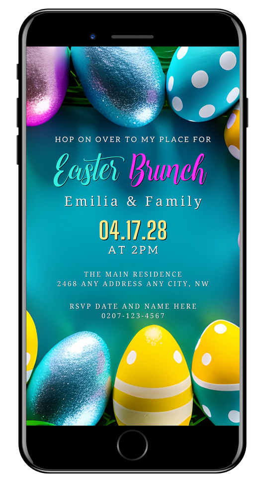 Editable Digital Colourful Teal Easter Eggs Brunch Party Evite displayed on a smartphone screen, showcasing vibrant egg designs and customizable text fields.